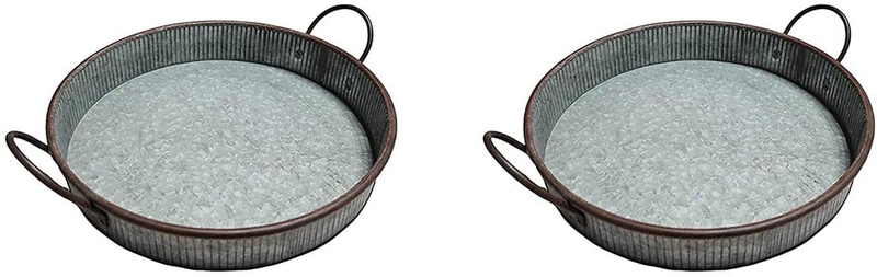 MANDII Galvanized Round Serving Tray with Handles | 13" Farmhouse Trays | Decorative Centerpiece for Coffee Table | Rustic Decor Kitchen and Dining Room | Indoor&Outdoor Silver Decoration Home & Garden > Decor > Decorative Trays MANDII Galvanized Serving Tray Two Pack  