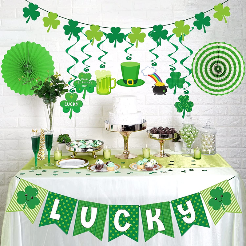 DAZONGE 36Ct St. Patrick'S Day Decorations Pre-Assembled | 14 St. Patrick'S Swirls with Cutouts, 1 'LUCKY' Banner, 1 Felt Shamrock Banner, 4 Strings of Shamrocks, 2 Paper Fans | St. Patty'S Day Party Favors Set