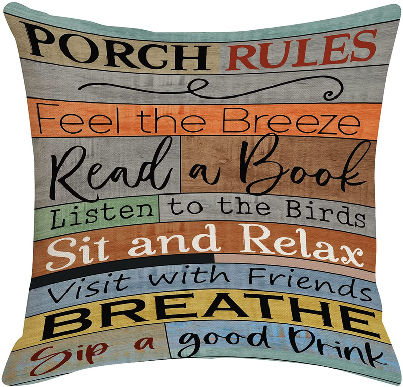 Jartinle Decorative Pillow Covers Porch Rules Sign Outdoor Farmhouse Throw Pillow Covers, Square Linen Patio Cushion Cases for Couch Bench Seat Chair Car 18X18 Inch (2) Home & Garden > Decor > Chair & Sofa Cushions Jartinle   