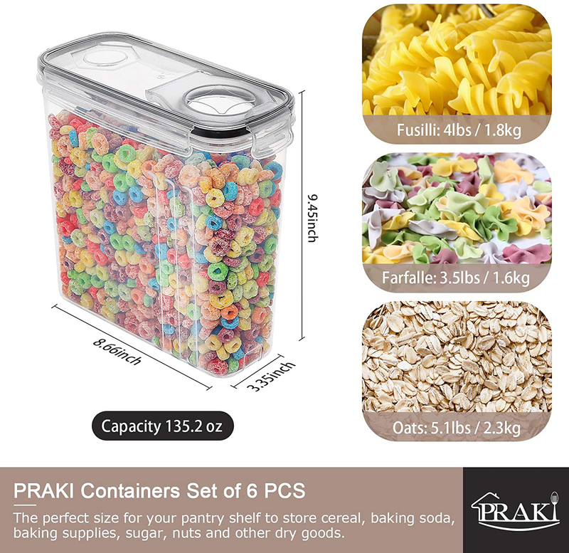 Large Cereal Storage Containers, PRAKI 6PCS Airtight Dry Food Storage Containers with Lids, Leak-Proof Canister Set for Sugar, Flour, Snack, Baking Supplies with 20 Lables & Marker (4L Black)