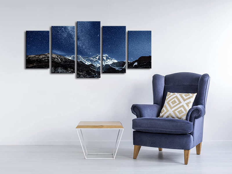 Pyradecor Blue Giclee Canvas Prints Wall Art Starry Night Sky over Snowy Mountain Pictures Paintings for Living Room Bedroom Home Office Decorations 5 Piece Modern Milky Way Landscape Romance Artwork Home & Garden > Decor > Artwork > Posters, Prints, & Visual Artwork Pyradecor   