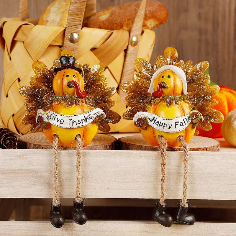 Lulu Home Thanksgiving Turkey Figurines, Set of 2 Resin Turkey Shelf Sitters with Dangling Legs, Give Thanks Happy Fall Harvest Sculpture for Window Sill Kitchen Tabletop Autumn Home Decor