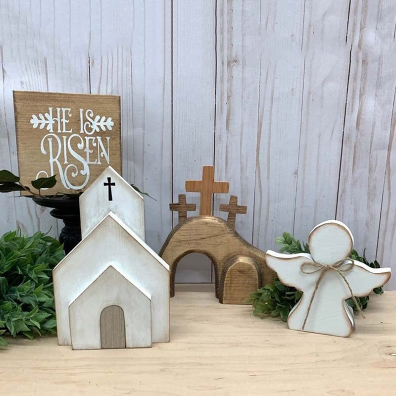 Easter Decorations Easter Decor Resurrection Scene Set Wooden Collectible Figurines Home Décor Products Religious Easter Decorations for the Home Table (A)