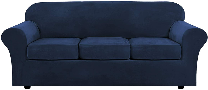 Modern Velvet Plush 4 Piece High Stretch Sofa Slipcover Strap Sofa Cover Furniture Protector Form Fit Luxury Thick Velvet Sofa Cover for 3 Cushion Couch, Machine Washable(Sofa,Peacock Blue) Home & Garden > Decor > Chair & Sofa Cushions H.VERSAILTEX Navy Large 