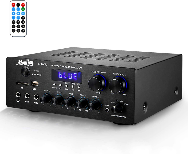 Moukey Bluetooth 5.0 Power Home Audio Amplifier - 220W Dual Channel Sound Audio Stereo Receiver System w/USB, SD, AUX, MIC in w/Echo, Radio, LED - for Home Theater Speaker via RCA, Studio Use - MAMP1 Electronics > Audio > Audio Components > Audio Amplifiers Moukey   