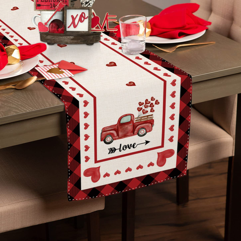 Sambosk Buffalo Plaid Valentines Day Table Runner, Red Truck with Love Heart Table Runners for Kitchen Dining Coffee or Anniversary Wedding Indoor and Outdoor Home Parties Decor 13 X 72 Inches SK052 Home & Garden > Decor > Seasonal & Holiday Decorations Sambosk   