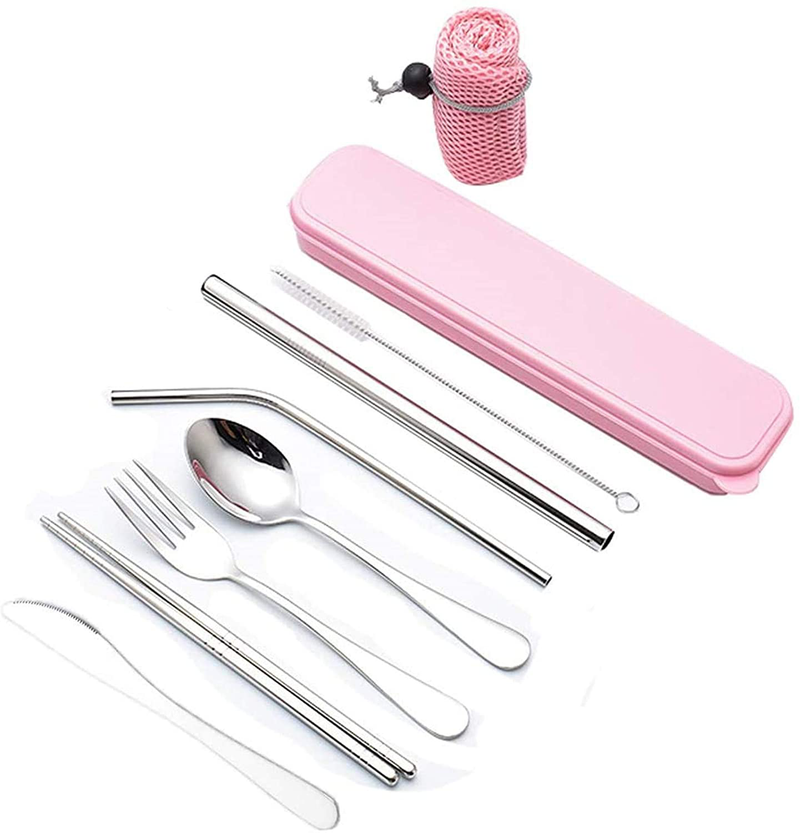 Stainless Steel Flatware Set, Portable Cutlery Set, Reusable Utensils with Case for Camping Office School Lunch, 9 Pcs including Knife Fork Spoon Chopsticks Cleaning Brush Metal Straws. (Blue) Home & Garden > Kitchen & Dining > Tableware > Flatware > Flatware Sets LCXEGO Pink  