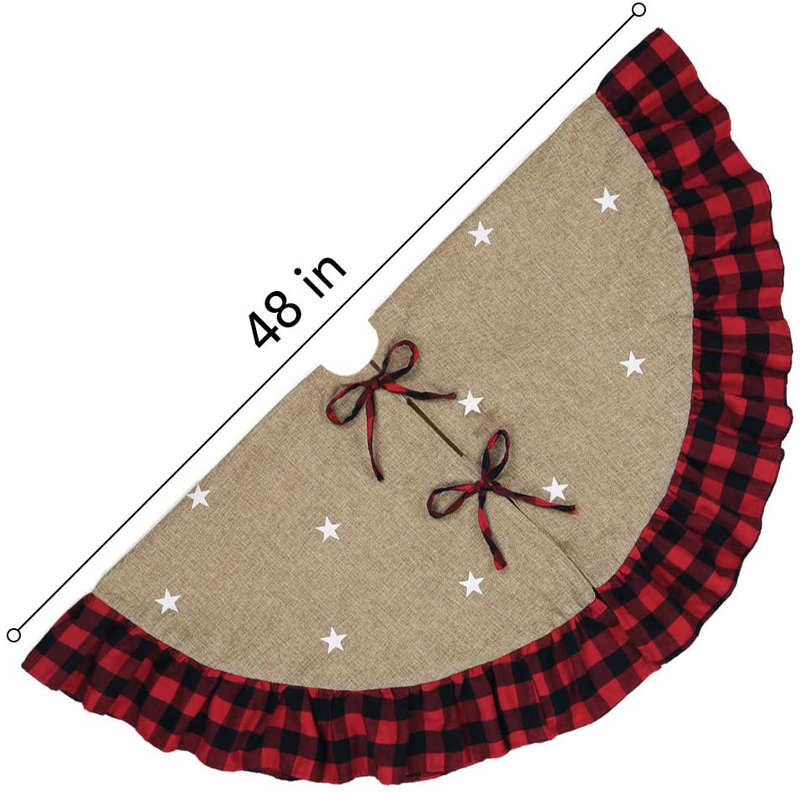 Meriwoods Burlap Christmas Tree Skirt 48 Inch, Large Tree Collar with Ruffled Buffalo Plaid Trim, Country Rustic Indoor Xmas Decorations Home & Garden > Decor > Seasonal & Holiday Decorations > Christmas Tree Skirts Meriwoods   