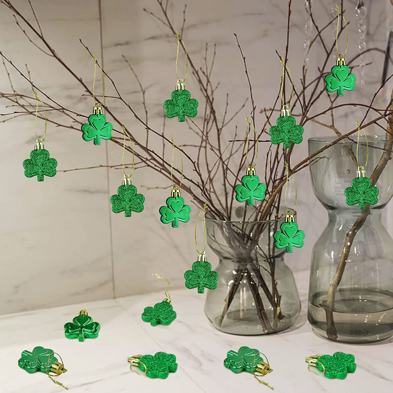 St Patricks Day Decorations 24Pcs St Patricks Day Decor Shamrocks Ornaments Clover Hanging Bauble Green Trefoil Ornaments for Irish Lucky Day Party Table Tree Shelf Home Decor Party Favors Supplies