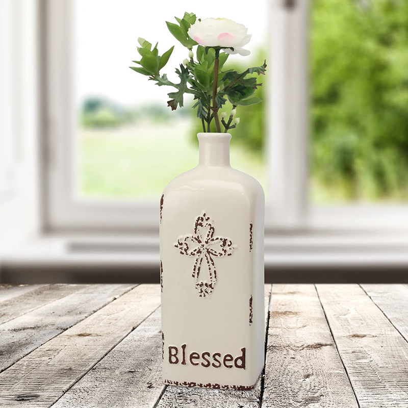 Stonebriar Decorative 12” Worn White Ceramic Bottle with Cross Detail, French Country Home Decor Accents, Vintage Vase Decoration for Dried or Artificial Flowers Home & Garden > Decor > Vases Stonebriar   
