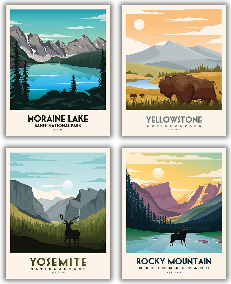 National Parks Vintage Posters & Prints | Set of 4 (11inches x 14 inches) Mountain Wall Art Decor Poster | Nature Mountain Art Decor | Moraine Lake Banff Yellowstone Yosemite Rocky Mountain National Parks Print (UNFRAMED)