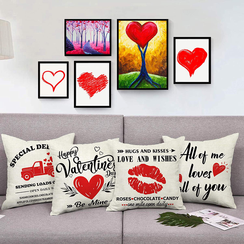 GROBRO7 4Pcs Valentine Pillow Covers Throw Cushion for Couch Love Heart Red Truck Pattern with Words All of Me Loves All of You Linen Cloth Pillow Cases Home Outdoor Decor in 18'’X 18’' Home & Garden > Decor > Chair & Sofa Cushions GROBRO7   
