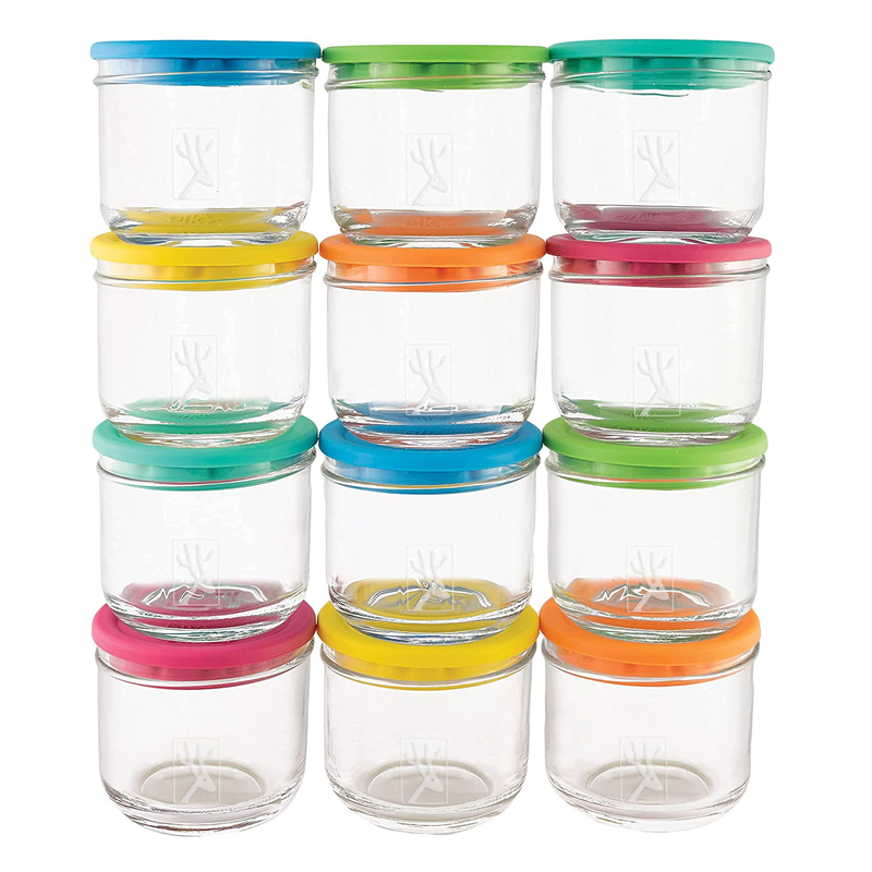 Elk and Friends 5oz Borosilicate Glass Baby Food Storage Jars with Silicone Lid | Available in 12 or 6 Set | Strong Glass Storage Containers | Microwave, Oven & Dishwasher Safe | Infant and Babies Home & Garden > Decor > Decorative Jars Elk and Friends Vibrant Colors (12 Pack)  