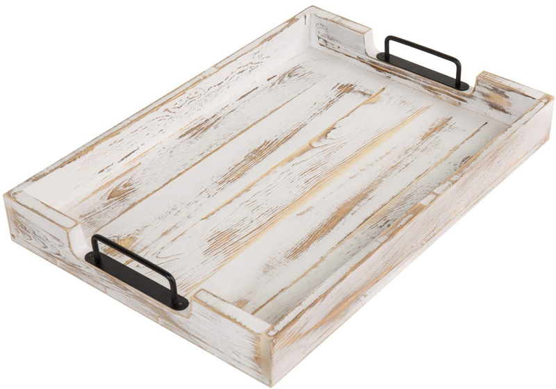 MyGift 20-inch Shabby Chic Whitewashed Solid Wood Serving Tray with Black Metal Handles
