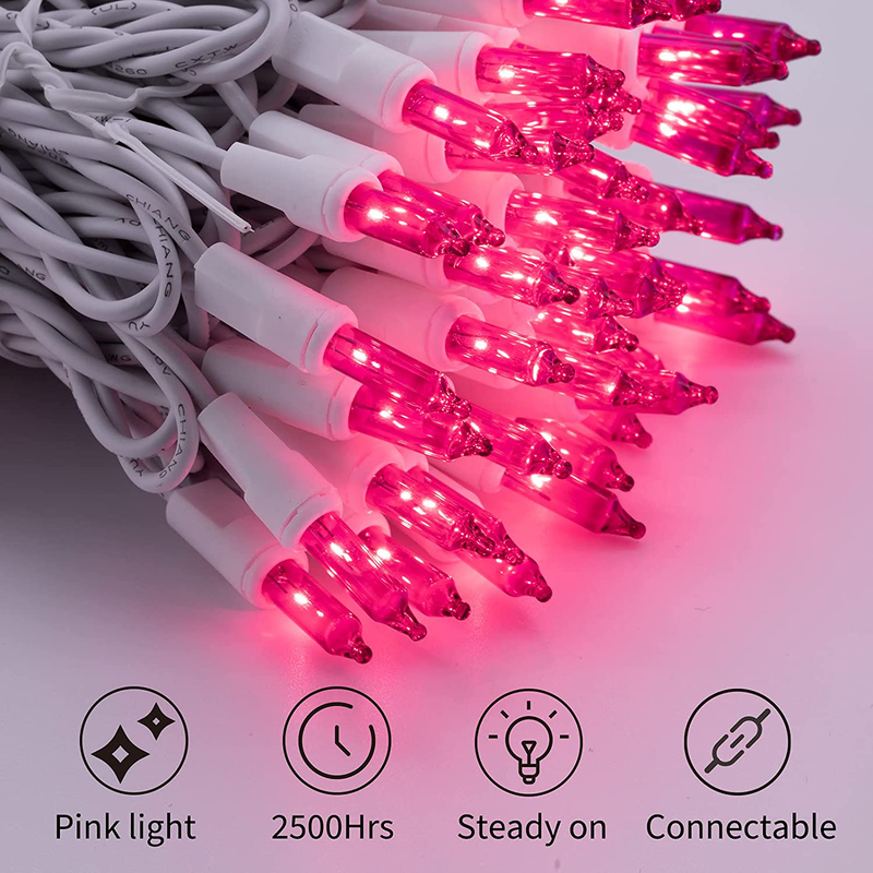 Christmas Pink Mini String Lights - 100 Count 25 Feet Detachable Incandescent Bulb Waterproof Fairy Lights Plug in for Indoor Outdoor Party Patio Xmas Tree Valentine'S Day Decoration, White Wire Home & Garden > Decor > Seasonal & Holiday Decorations Minetom   