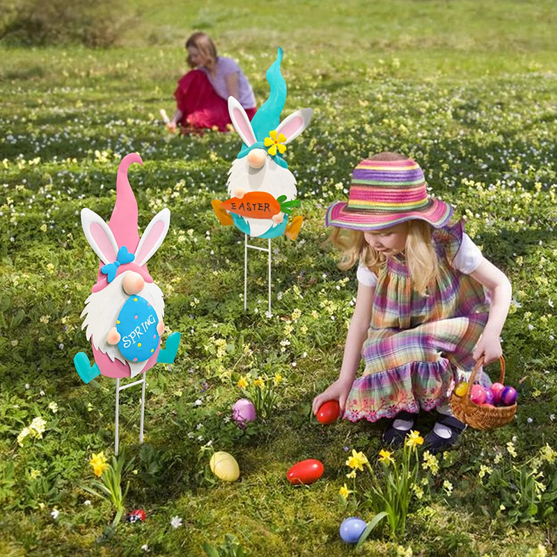 FUNPENY Set of 2 Metal Easter Gnomes Yard Signs Outdoor, 24.6 Inch Bunny Rabbits Stakes Easter Decorations for Garden, Lawn, Party, Easter Props Decor Home & Garden > Decor > Seasonal & Holiday Decorations FUNPENY   