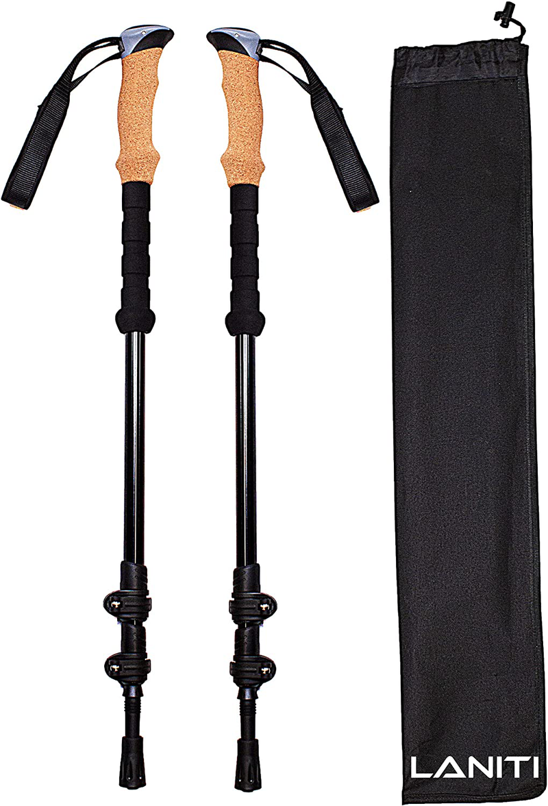 Laniti Hiking or Walking Sticks Adjustable Locks Expandable to 54" Strong Aircraft Aluminum 7075 Material. Lightweight Cork Grip, All Terrain Accessories and Carry Bag with 10 Replacement Tips