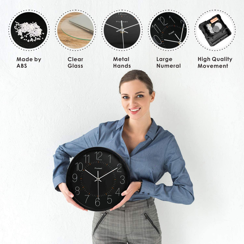 Plumeet Silent Wall Clock - 12 Inches Non-Ticking Quartz Black Clocks for Living Room - Battery Operated - Decorative Home Kitchen Office School Home & Garden > Decor > Clocks > Wall Clocks Plumeet   