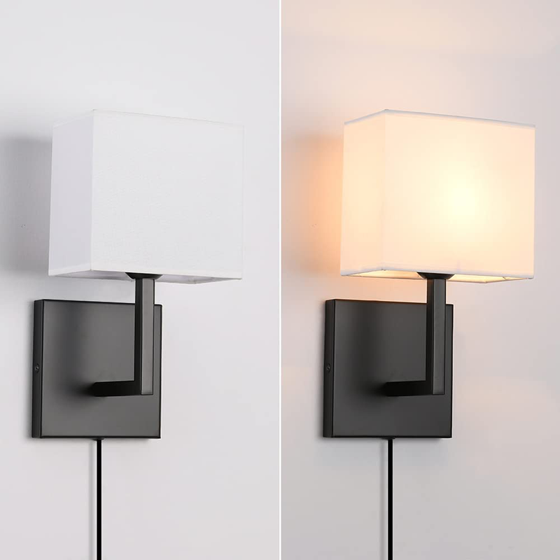 Plug in Wall Sconce Set of 2, Indoor Bedside Wall Lamp Light with Plug-In Cord and on off Toggle Switch, Vintage Industrial Nightstand Lamps with White Fabric Square Lamp Shade for Living Room, Black