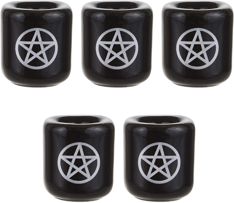 Mega Candles - 5 pcs Ceramic Silver Pentacle Chime Ritual Spell Candle Holder - Black  Mega Candles Silver  