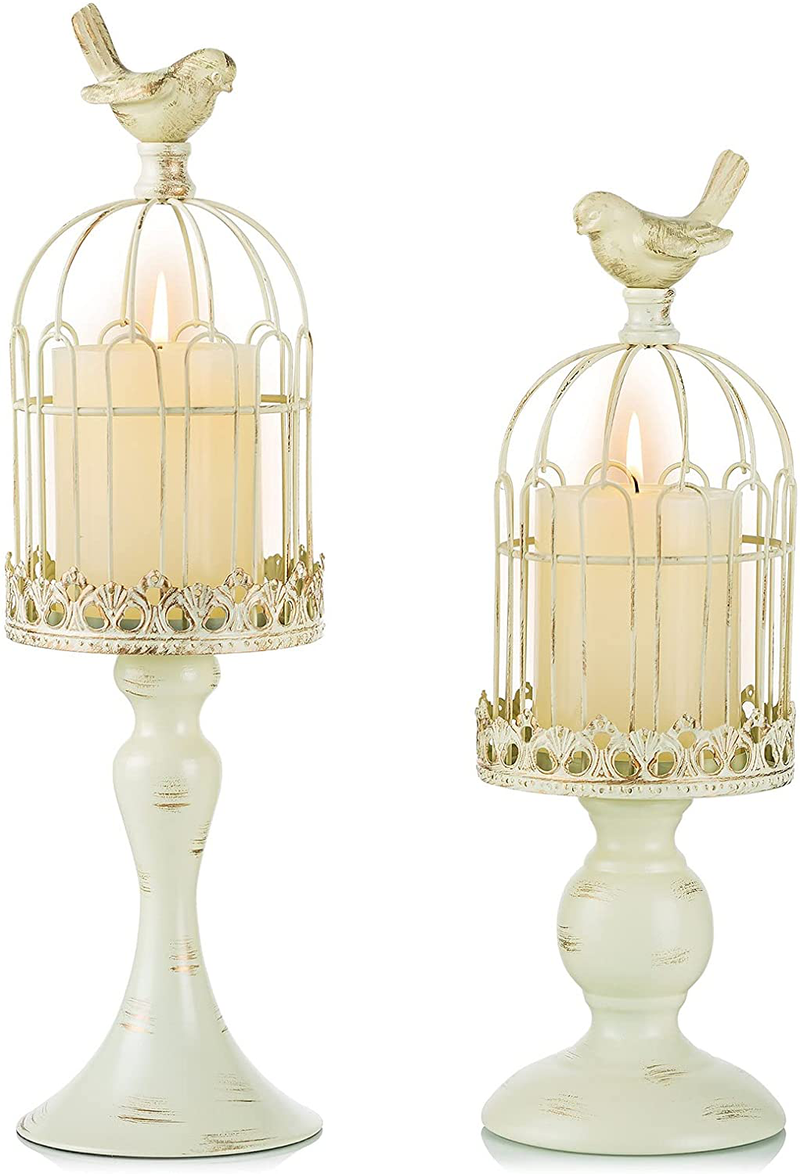 Romadedi Decorative Birdcage Candle Holder Lantern - Set of 2 Cage Lanterns for Candlestick Holder Vintage Home Decoration Table Centerpiece Mantel Decor, 13’’/16’’ Tall, Distressed Black Arts & Entertainment > Party & Celebration > Party Supplies Romadedi Ivory Style 1 