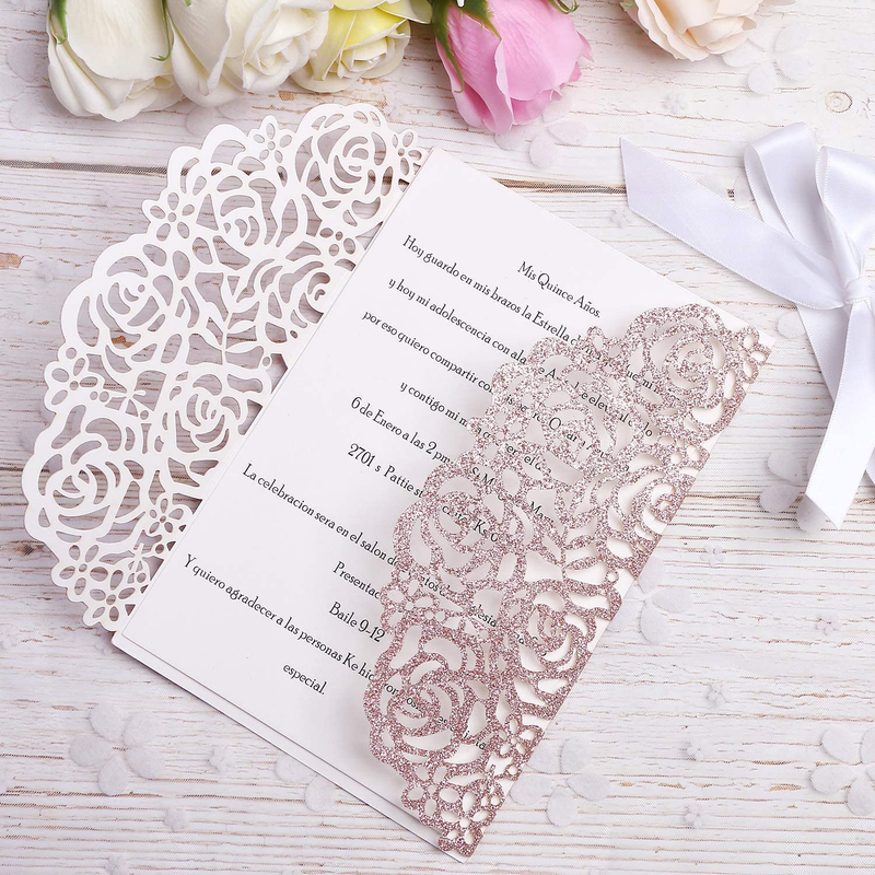 PONATIA 25PCS 250GSM 5.12 x 7.1'' Glitter Wedding Invitations Cards Laser Cut Hollow Rose With White Ribbons For Bridal Shower Engagement Birthday Graduation (Rose Gold Glitter)