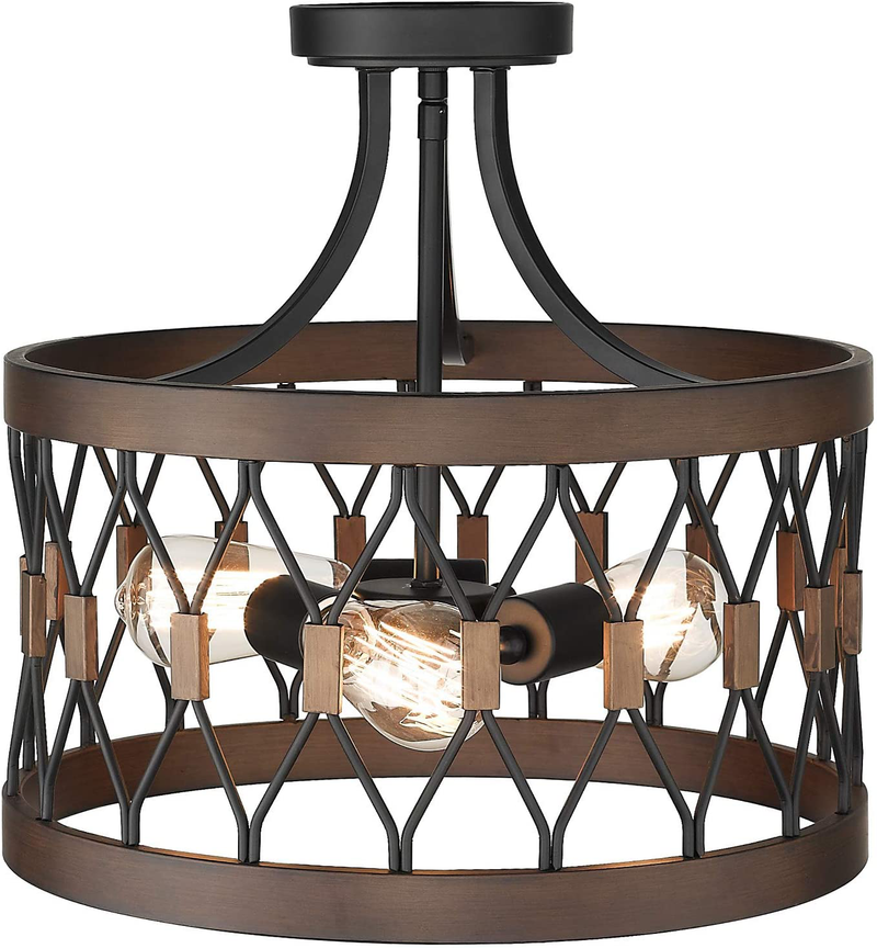 Osimir Semi-Flush Mount Ceiling Light, 3-Light Ceiling Light Fixture, 16-Inch Cage Drum Pendant Hanging in Wood and Black Finish, PE9170-3 Home & Garden > Lighting > Lighting Fixtures > Ceiling Light Fixtures KOL DEALS   