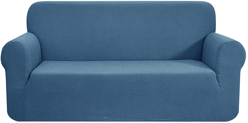 CHUN YI Stretch Sofa Slipcover 1-Piece Couch Cover, 3 Seater Coat Soft With Elastic, Checks Spandex Jacquard Fabric, Large, Black Home & Garden > Decor > Chair & Sofa Cushions CHUN YI Denim Blue Medium 