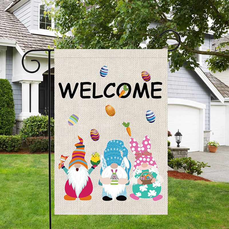 Mocossmy Easter Garden Flag,12.5 X 18 Inch Double Sided Easter Egg Faceless Elf Welcome Decorative Garden Banner for Spring Easter Day Holiday Party Supplies Favor Outdoor Yard Farmhouse Decoration