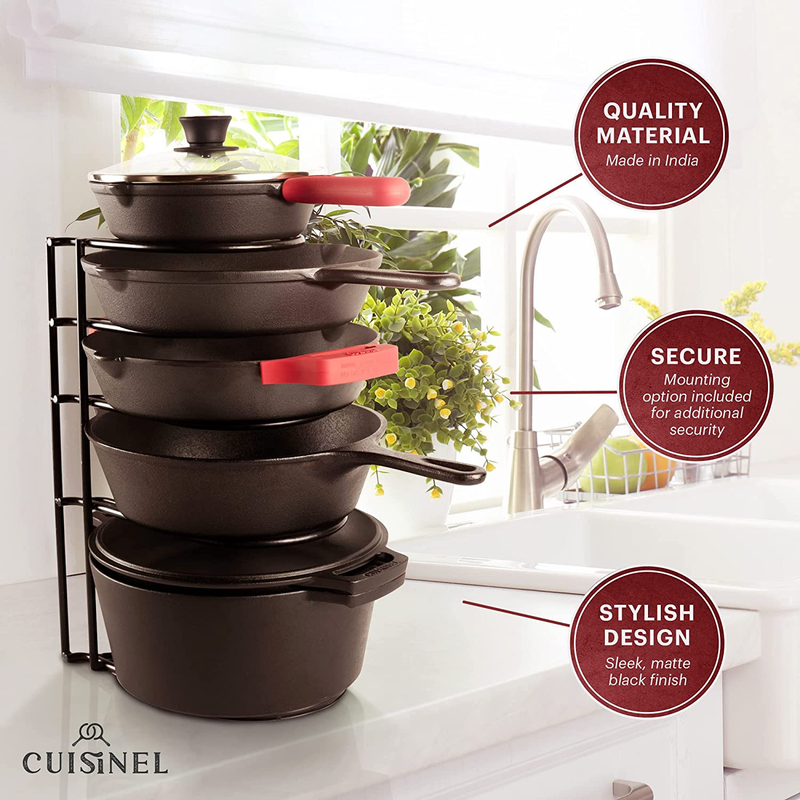 Pan Organizer Rack - 100-LBS Capacity Extremely Heavy Duty - 8Mm Thick - Matte-Black 15.9"-Tall 5-Tier Space-Saving Kitchen Counter/Cabinet Storage for Cast Iron Dutch Oven, Skillets, Pots, Dish, Plate Home & Garden > Kitchen & Dining > Food Storage cuisinel   