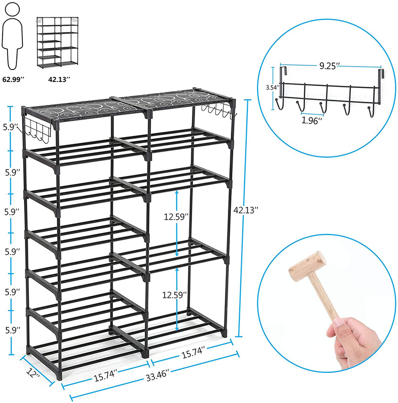 Shoe Rack Shoe Shelf Shoe Storage Organizer with Side Hooks for Entryway, 24-30 Pairs Metal Shoe Rack Taller Shoes Boots Organizer Furniture > Cabinets & Storage > Armoires & Wardrobes Tribesigns   