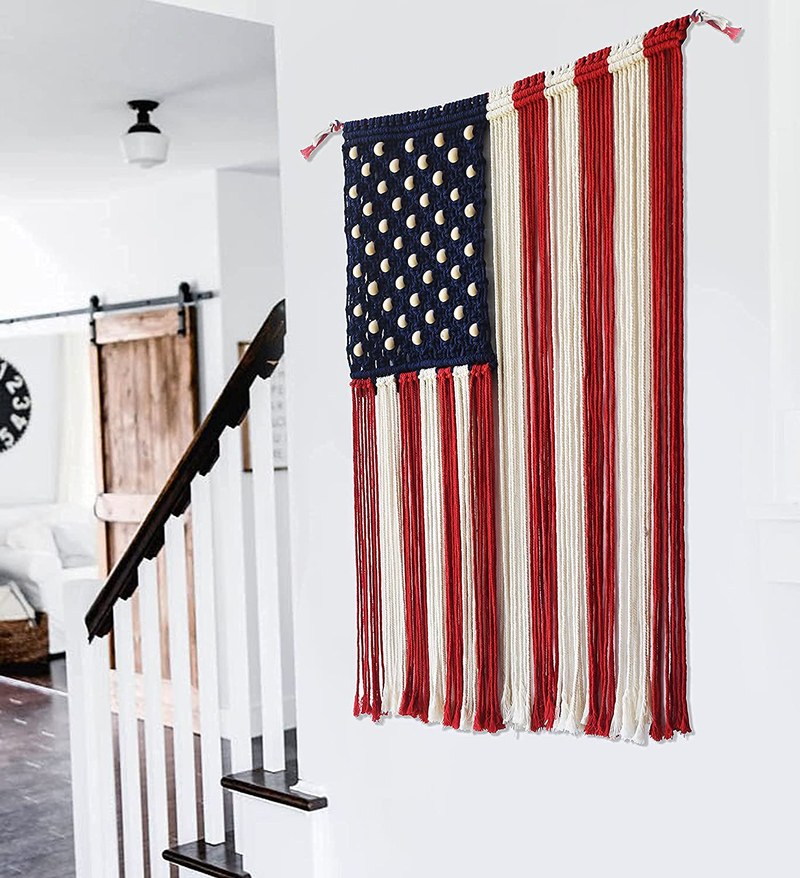 Macrame Wall Hanging American Flag Wall Decor Boho Patriotic Decor Memorial Day Fourth of July wall Art Home décor 22*37(No Stick) Home & Garden > Decor > Artwork > Sculptures & Statues FLBER OUTLET   
