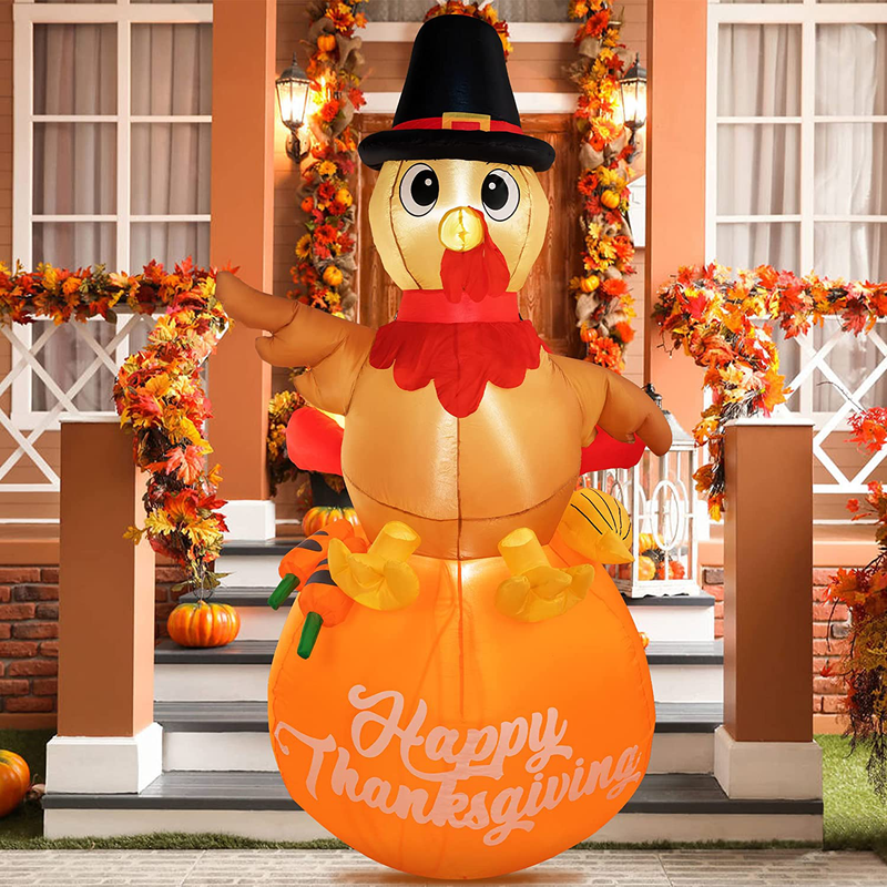 HOOJO 7ft Thanksgiving Blowups Decoration Outdoor Inflatable Turkey on Pumpkin with LED Lights Built-in for Holiday Lawn, Yard, Garden