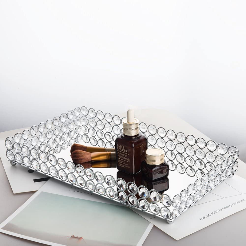 Feyarl Large Crystal Cosmetic Vanity Tray Mirrored Makeup Jewelry Trinket Tray Organizer Glam Decorative Perfume Bottle Trays for Dresser Countertop Wedding Home Bathroom(13.7 x 7.87 inch Silver)