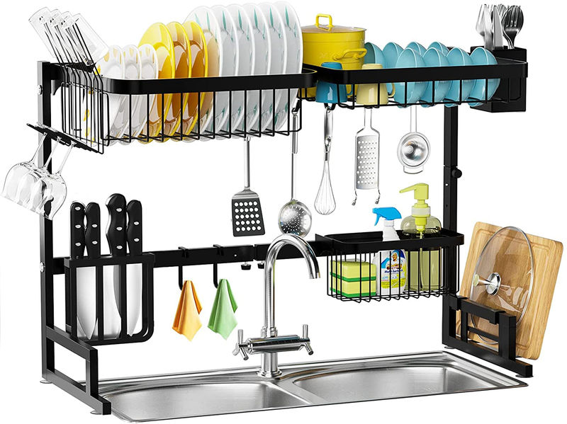 Over the Sink Dish Drying Rack - MERRYBOX 2-Tier Dish Drying Rack over Sink Adjustable Length(25.6-33.5In), Stainless Steel Dish Drainer, Dishes Rack Kitchen Storage Organizer Space Saver