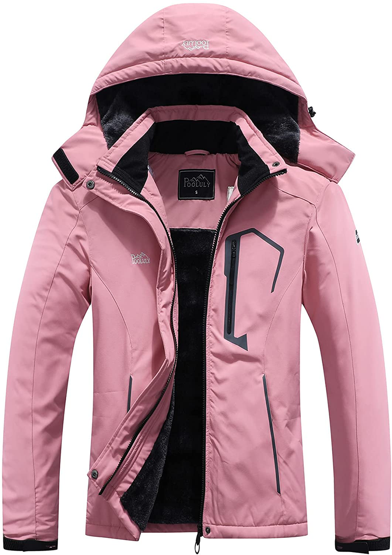 Pooluly Women's Ski Jacket Warm Winter Waterproof Windbreaker Hooded Raincoat Snowboarding Jackets  Pooluly Pink XX-Large 