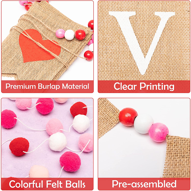 Haooryx 2 Set Valentine'S Day Burlap Flag Felt Ball Garland Kit, Sweet LOVE Valentines Hanging Banner Garland Decorations for Engagement Wedding Anniversary Party Home Wall Decor Supplies Home & Garden > Decor > Seasonal & Holiday Decorations Haooryx   
