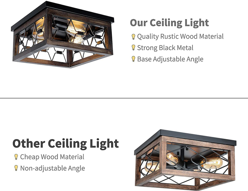 PUZHI HOME Farmhouse Flush Mount Light Fixture, Farmhouse Light Fixtures 4-Lights Rustic Wood Close to Ceiling Light Fixtures for Hallway Bedroom Kitchen Dining Room Living Room Black Metal