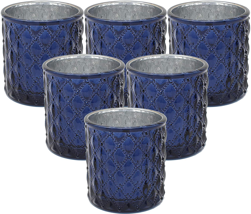 Ms Lovely Large Quilted Glass Votive Tealight Candle Holders - Bulk Set of 6 - Dark Blue