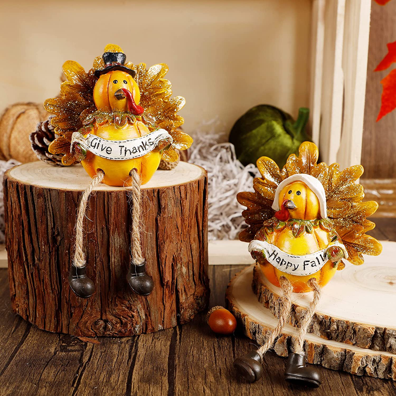 Lulu Home Thanksgiving Turkey Figurines, Set of 2 Resin Turkey Shelf Sitters with Dangling Legs, Give Thanks Happy Fall Harvest Sculpture for Window Sill Kitchen Tabletop Autumn Home Decor Home & Garden > Decor > Seasonal & Holiday Decorations& Garden > Decor > Seasonal & Holiday Decorations Lulu Home   