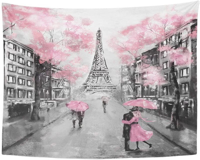 TOMPOP Tapestry Oil Painting Paris European City Landscape France Eiffel Tower Black White Pink Grey Modern Couple Under Home Decor Wall Hanging Living Room Girls Bedroom Dorm 60x80 inches Home & Garden > Decor > Artwork > Decorative Tapestries TOMPOP 60x80  