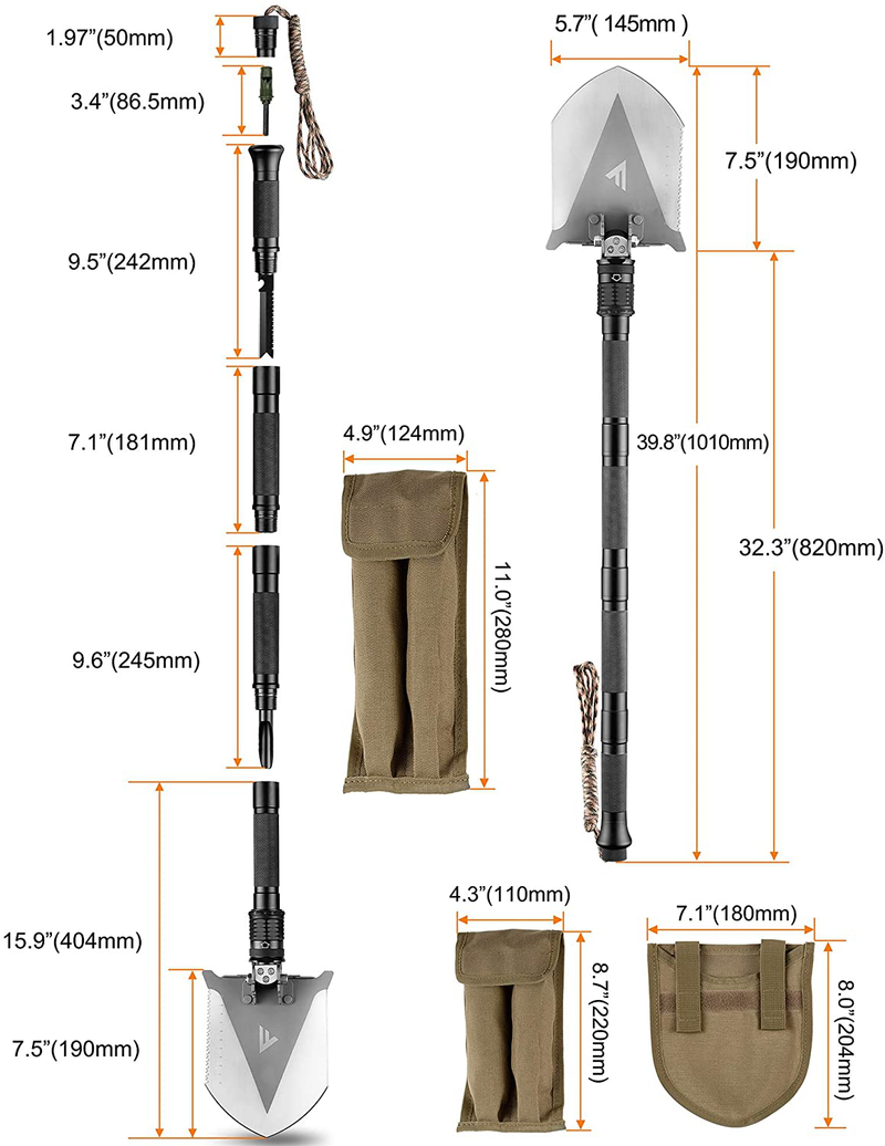 Fivejoy Gifts for Men Dad -Camping Shovels Multitool with Flashlight 25-In-1 Folding Shovel High Carbon Steel Tactical Shovel Portable Foldable Survival Tool, with Micro USB Input and Output Port Sporting Goods > Outdoor Recreation > Camping & Hiking > Camping Tools FiveJoy   