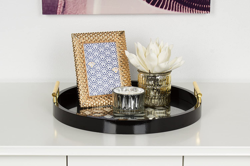 Kate and Laurel Caspen Round Cut Out Pattern Decorative Tray with Gold Metal Handles, Black Home & Garden > Decor > Decorative Trays Kate and Laurel   