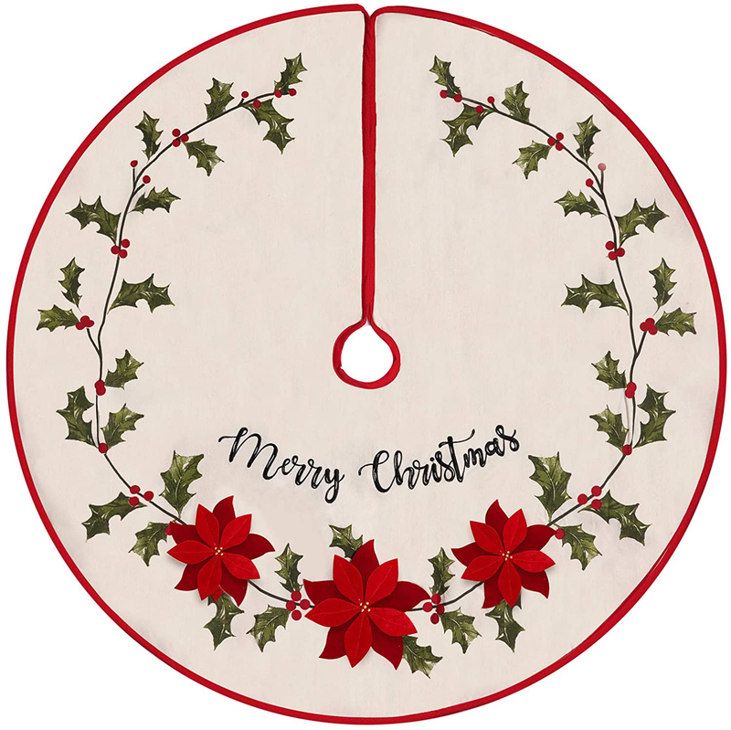 DAVID ROCCO Christmas Burlap Rustic Tree Skirt with Holly Leaves, and Red Flowers 48 inch Rustic Xmas Tree Mat for Traditional House Decoration in Farmhouse
