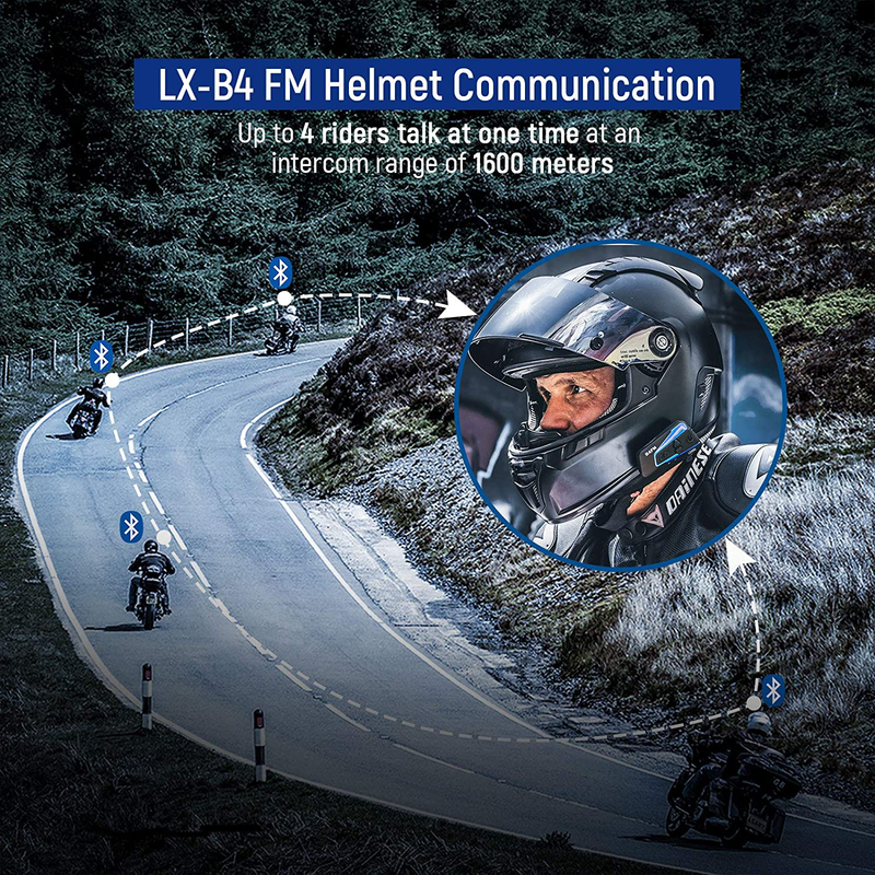 LEXIN 1pc LX-B4FM Motorcycle Intercom, Universal Helmet Communication System up to 4 Riders, Waterproof Motorcycle Bluetooth Headset with 1600m Range for Snowmobile Off-Road  LEXIN   