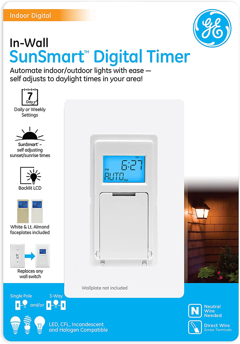 GE SunSmart in-Wall Digital Timer, Daily ON/Off Times, Programmable Settings, Sunset/Sunrise Presets, Vacation Security, White Almond Paddles Included, for Lights, Fans, Heaters 32787 Home & Garden > Lighting Accessories > Lighting Timers Jasco SunSmart  