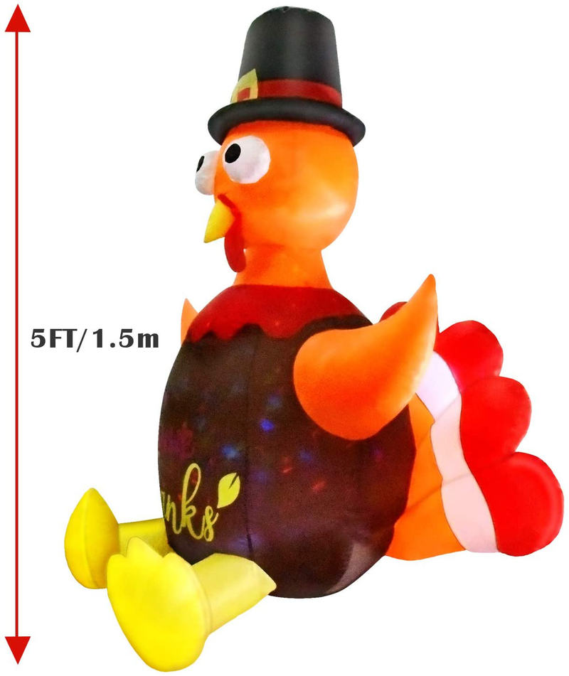 GEJRIO 5FT Thanksgiving Inflatable Turkey with Pilgrim Hat, Built-in Rotating LED Colorful Lights Thanksgiving Autumn Decor, Blow up Lighted Outdoor Indoor Holiday Yard Lawn Decoration Home & Garden > Decor > Seasonal & Holiday Decorations& Garden > Decor > Seasonal & Holiday Decorations GEJRIO   