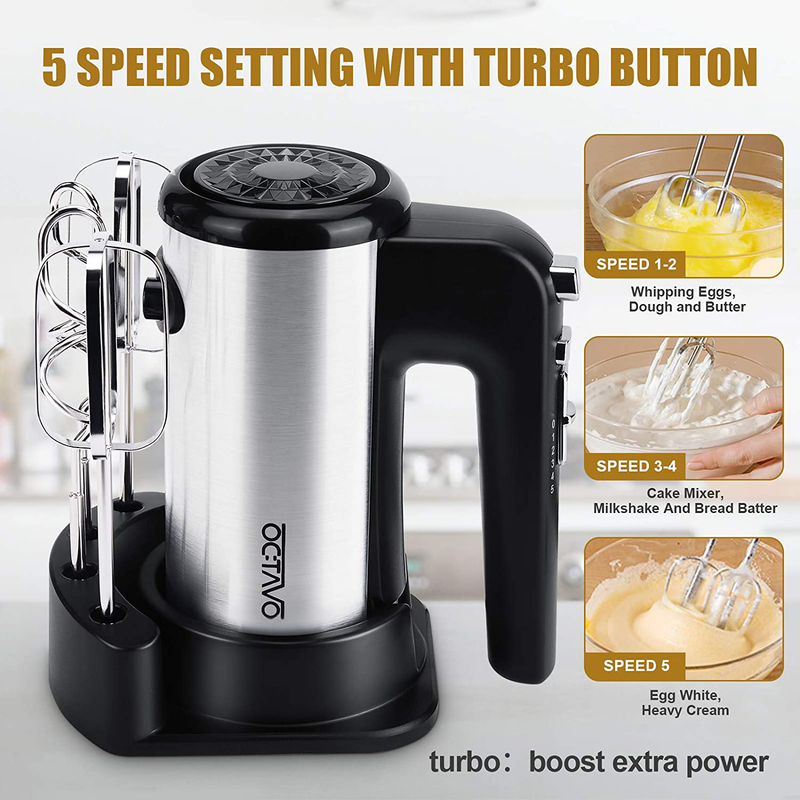 OCTAVO Electric Hand Mixer,5-Speed Powerful Turbo function Handheld Mixer with Eject Function,Storage Base,300W and 4 Metal Accessories for Whipping Mixing Cookies, Brownies, Dough Batters (sliver)