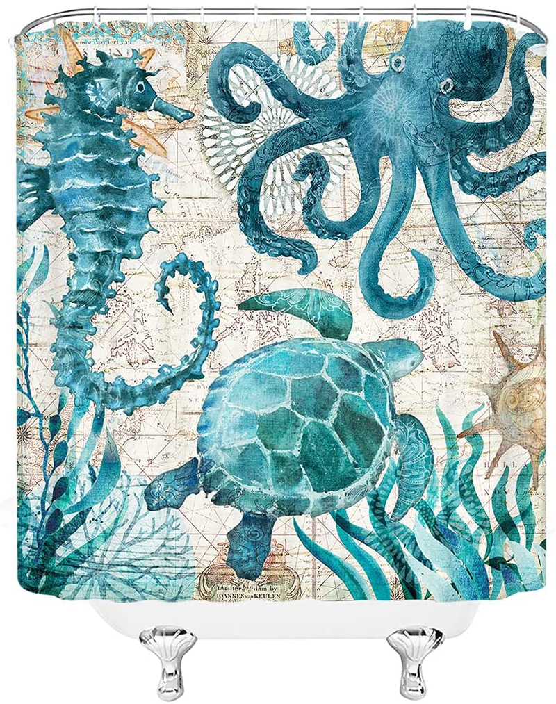 Nautical Biological Theme Shower Curtain Blue Ocean Sea Turtles Octopus Seahorse Beach Coral Reef Vintage Nautical Map Christmas New Year Decoration Bathroom Curtain with Hooks , Teal,70 X 70 Inch Home & Garden > Decor > Seasonal & Holiday Decorations& Garden > Decor > Seasonal & Holiday Decorations QYVLHD   