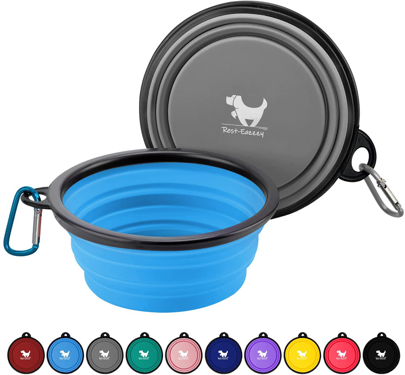 Rest-Eazzzy Expandable Dog Bowls for Travel, 2-Pack Dog Portable Water Bowl for Dogs Cats Pet Foldable Feeding Watering Dish for Traveling Camping Walking with 2 Carabiners, BPA Free  Rest-Eazzzy grey&blue Medium 